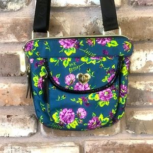 BETSEY JOHNSON Women’s Purple Lime Teal Floral Zip Expandable Crossbody Bag